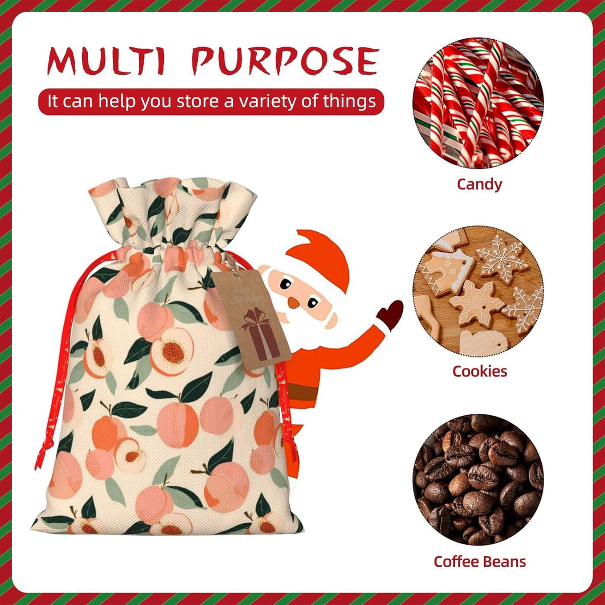 Peaches (3) Print Christmas Drawstring Gift Bags, Reusable Candy Treat Bags For Holiday Birthday Party