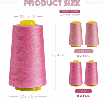 Pink Polyester Sewing Thread, 4-Pack 12,000 Yds, for Serger & Quilting