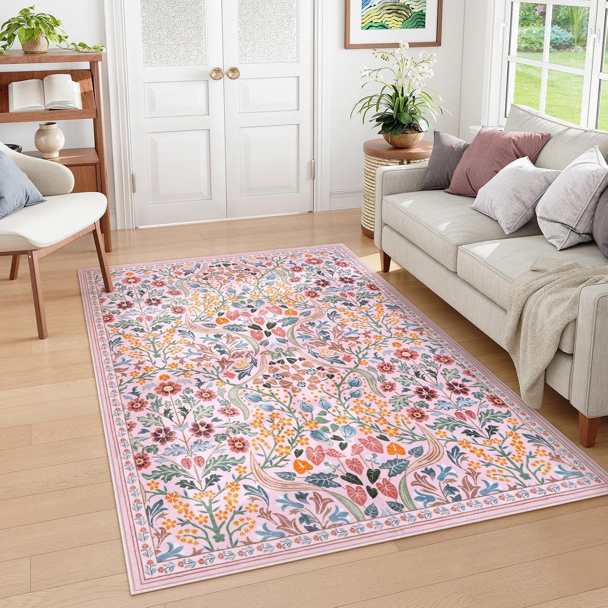 Pink Floral 5x7 Rug for Bedroom, Washable Vintage Living Room Rug