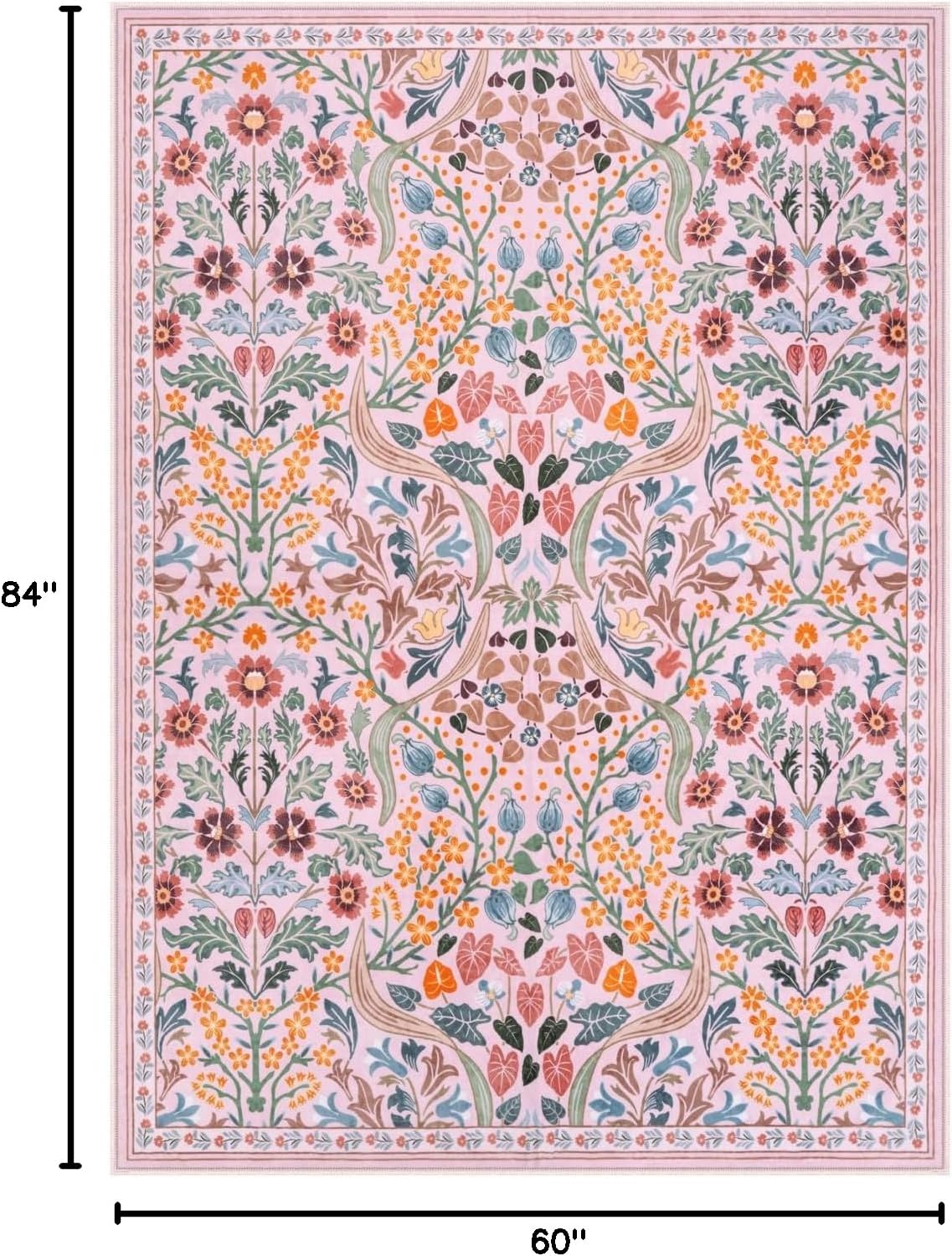 Pink Floral 5x7 Rug for Bedroom, Washable Vintage Living Room Rug