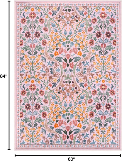 Pink Floral 5x7 Rug for Bedroom, Washable Vintage Living Room Rug