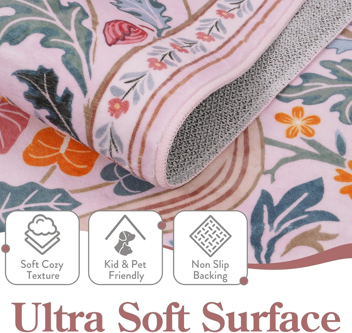Pink Floral 5x7 Rug for Bedroom, Washable Vintage Living Room Rug