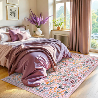 Pink Floral 5x7 Rug for Bedroom, Washable Vintage Living Room Rug