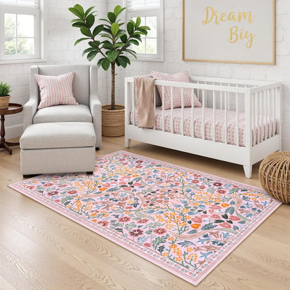 Pink Floral 5x7 Rug for Bedroom, Washable Vintage Living Room Rug