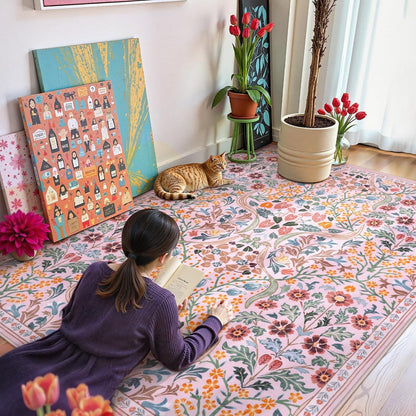 Pink Floral 5x7 Rug for Bedroom, Washable Vintage Living Room Rug
