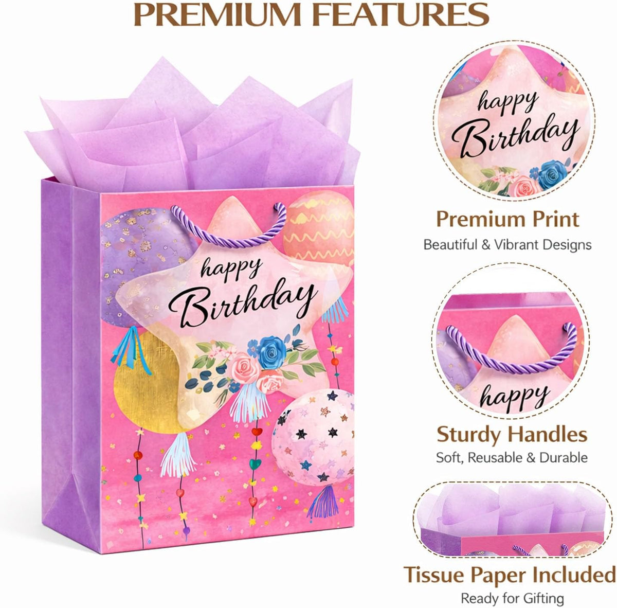 Pink Birthday Gift Bags for Women Girls Teens, 2 Pack Medium, Tissue Paper