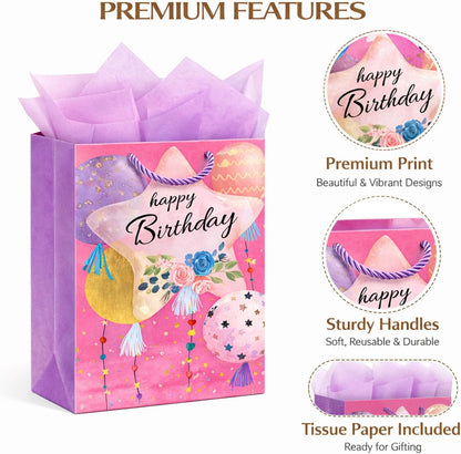 Pink Birthday Gift Bags for Women Girls Teens, 2 Pack Medium, Tissue Paper
