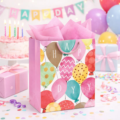 Pink Birthday Gift Bags for Women Girls Teens, 2 Pack Medium, Tissue Paper
