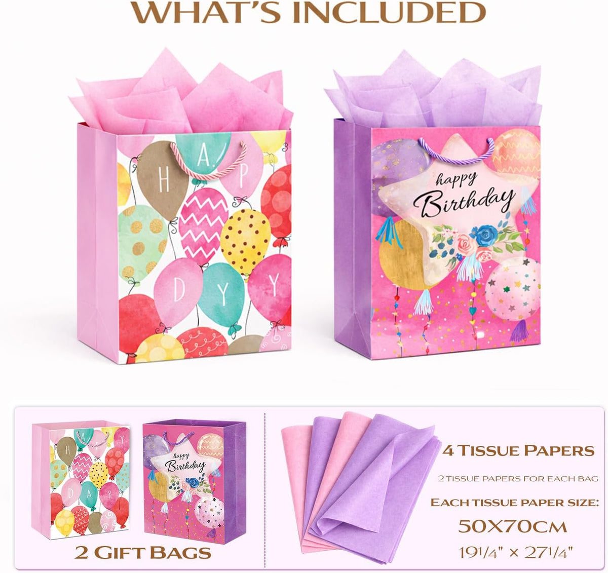Pink Birthday Gift Bags for Women Girls Teens, 2 Pack Medium, Tissue Paper