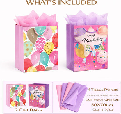 Pink Birthday Gift Bags for Women Girls Teens, 2 Pack Medium, Tissue Paper