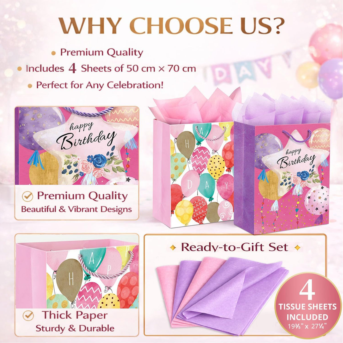 Pink Birthday Gift Bags for Women Girls Teens, 2 Pack Medium, Tissue Paper
