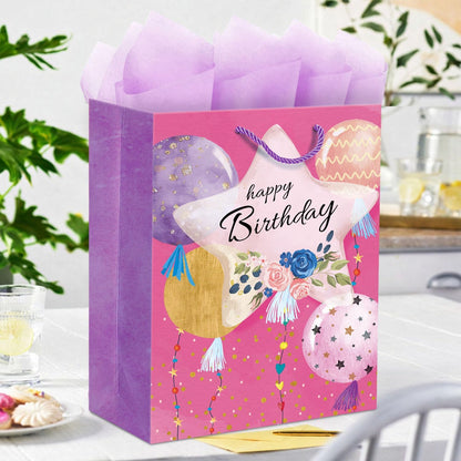 Pink Birthday Gift Bags for Women Girls Teens, 2 Pack Medium, Tissue Paper