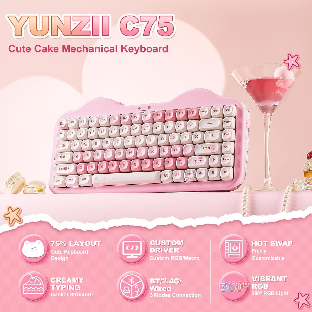 YUNZII C75 Cute 75% Wireless Mechanical Keyboard (Pink, Candy Switch)