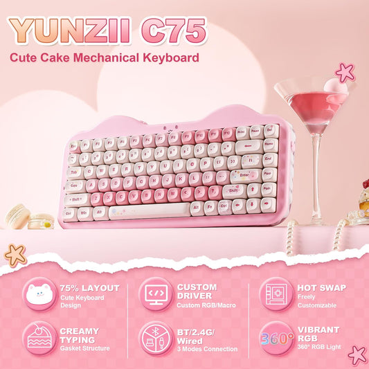 YUNZII C75 Cute 75% Wireless Mechanical Keyboard (Pink, Candy Switch)