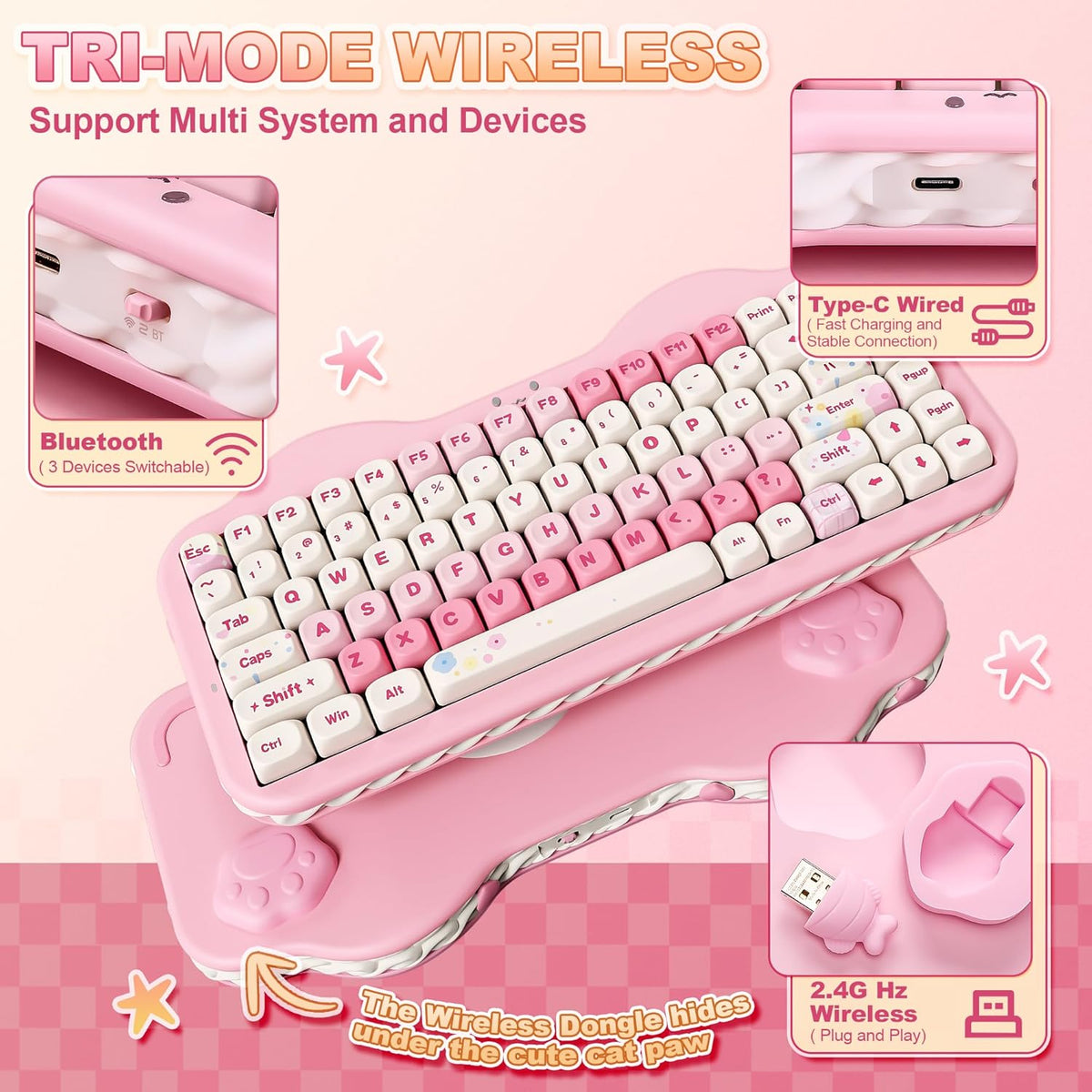 YUNZII C75 Cute 75% Wireless Mechanical Keyboard (Pink, Candy Switch)