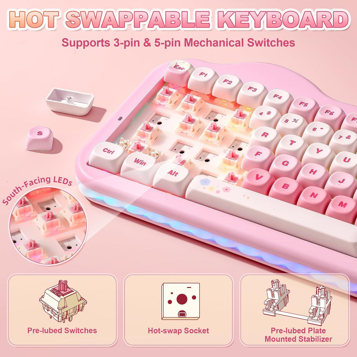 YUNZII C75 Cute 75% Wireless Mechanical Keyboard (Pink, Candy Switch)
