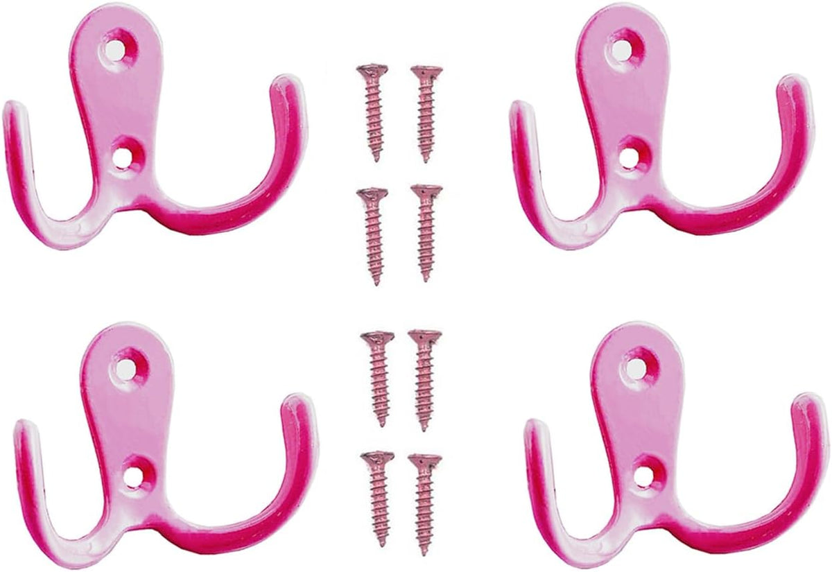 4 Pcs Double Prong Robe Hooks, Dual Coat Hooks Wall Mounted Hanging Clothes for Bathroom Bedroom Door Wall Retro Metal Cloth Hanger Double Coat Hooks with 8 Screws (Pink)