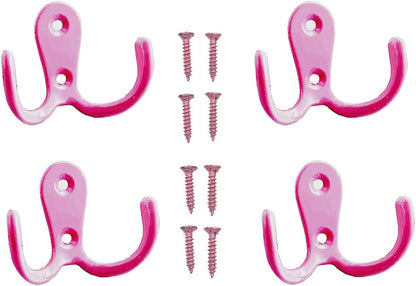 4 Pcs Double Prong Robe Hooks, Dual Coat Hooks Wall Mounted Hanging Clothes for Bathroom Bedroom Door Wall Retro Metal Cloth Hanger Double Coat Hooks with 8 Screws (Pink)