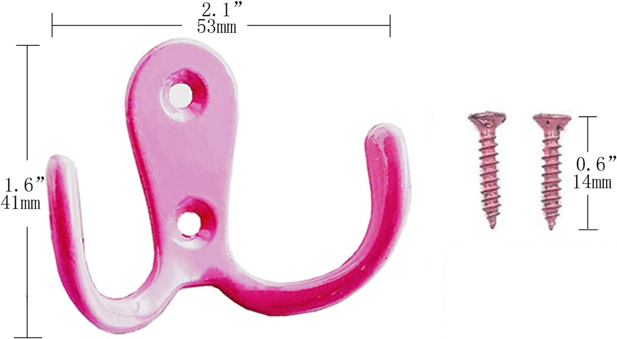 4 Pcs Double Prong Robe Hooks, Dual Coat Hooks Wall Mounted Hanging Clothes for Bathroom Bedroom Door Wall Retro Metal Cloth Hanger Double Coat Hooks with 8 Screws (Pink)