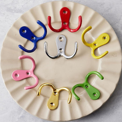 4 Pcs Double Prong Robe Hooks, Dual Coat Hooks Wall Mounted Hanging Clothes for Bathroom Bedroom Door Wall Retro Metal Cloth Hanger Double Coat Hooks with 8 Screws (Pink)