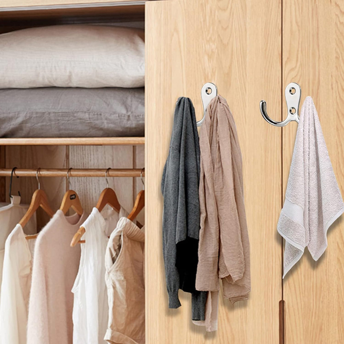 4 Pcs Double Prong Robe Hooks, Dual Coat Hooks Wall Mounted Hanging Clothes for Bathroom Bedroom Door Wall Retro Metal Cloth Hanger Double Coat Hooks with 8 Screws (Pink)