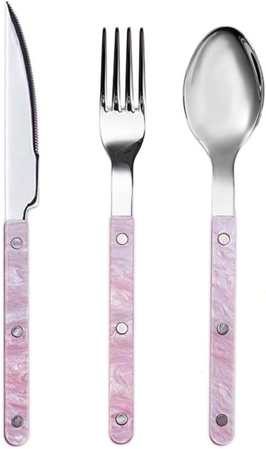 Acrylic Clamp Handle Kitchen Stainless Steel Silverware Tableware Flatware Cutlery Set Steak Knife Fork Spoon Teaspoon (Pink,3 pieces)