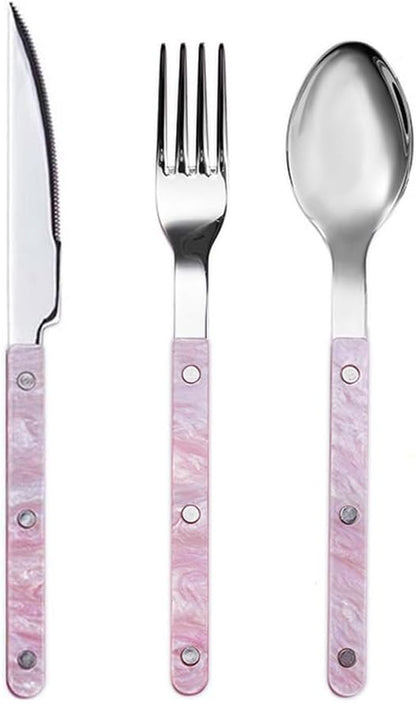 Acrylic Clamp Handle Kitchen Stainless Steel Silverware Tableware Flatware Cutlery Set Steak Knife Fork Spoon Teaspoon (Pink,3 pieces)