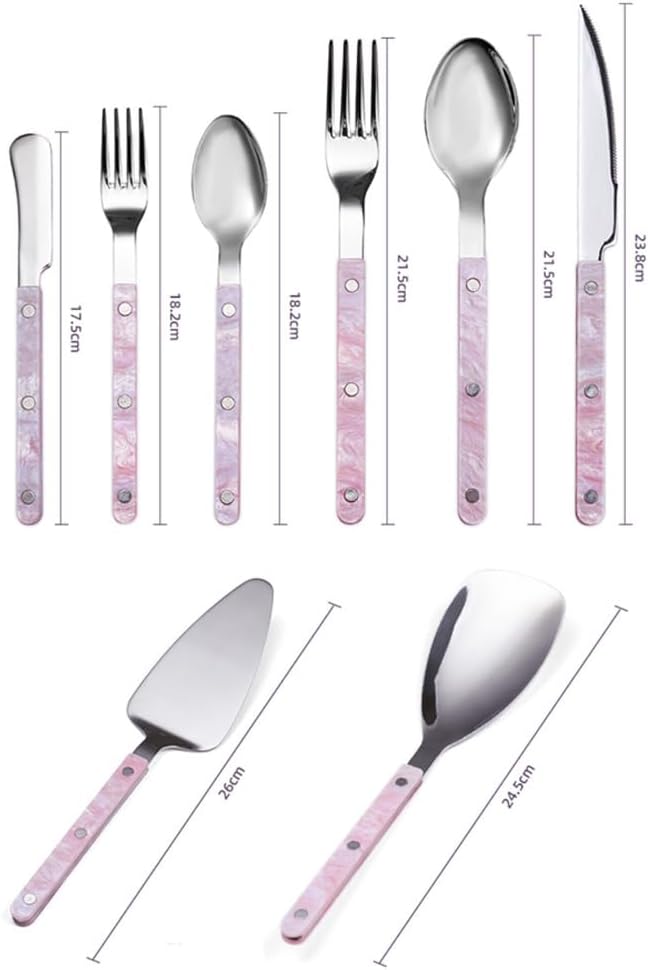 Acrylic Clamp Handle Kitchen Stainless Steel Silverware Tableware Flatware Cutlery Set Steak Knife Fork Spoon Teaspoon (Pink,3 pieces)