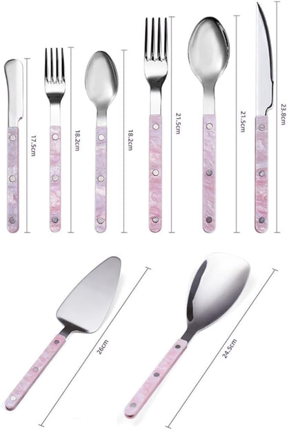 Acrylic Clamp Handle Kitchen Stainless Steel Silverware Tableware Flatware Cutlery Set Steak Knife Fork Spoon Teaspoon (Pink,3 pieces)