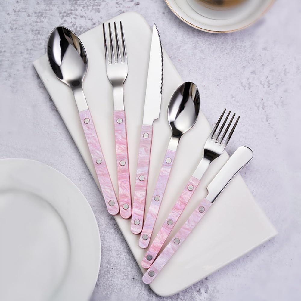 Acrylic Clamp Handle Kitchen Stainless Steel Silverware Tableware Flatware Cutlery Set Steak Knife Fork Spoon Teaspoon (Pink,3 pieces)