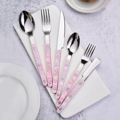 Acrylic Clamp Handle Kitchen Stainless Steel Silverware Tableware Flatware Cutlery Set Steak Knife Fork Spoon Teaspoon (Pink,3 pieces)