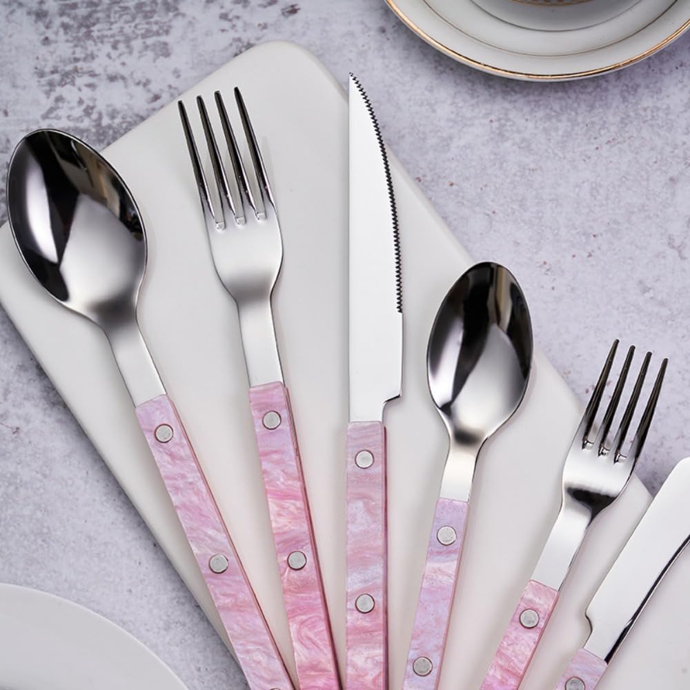 Acrylic Clamp Handle Kitchen Stainless Steel Silverware Tableware Flatware Cutlery Set Steak Knife Fork Spoon Teaspoon (Pink,3 pieces)