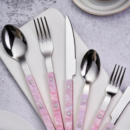 Acrylic Clamp Handle Kitchen Stainless Steel Silverware Tableware Flatware Cutlery Set Steak Knife Fork Spoon Teaspoon (Pink,3 pieces)