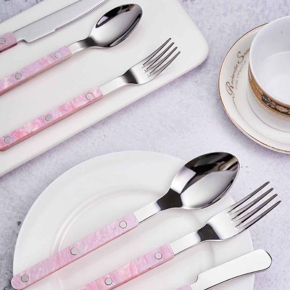 Acrylic Clamp Handle Kitchen Stainless Steel Silverware Tableware Flatware Cutlery Set Steak Knife Fork Spoon Teaspoon (Pink,3 pieces)
