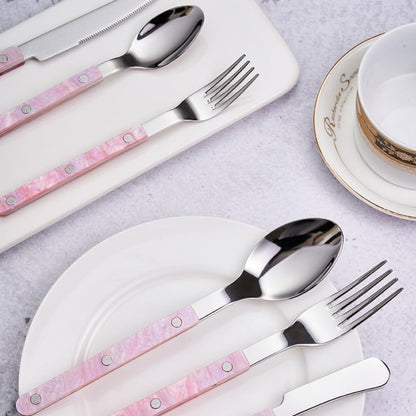 Acrylic Clamp Handle Kitchen Stainless Steel Silverware Tableware Flatware Cutlery Set Steak Knife Fork Spoon Teaspoon (Pink,3 pieces)