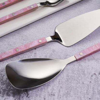 Acrylic Clamp Handle Kitchen Stainless Steel Silverware Tableware Flatware Cutlery Set Steak Knife Fork Spoon Teaspoon (Pink,3 pieces)