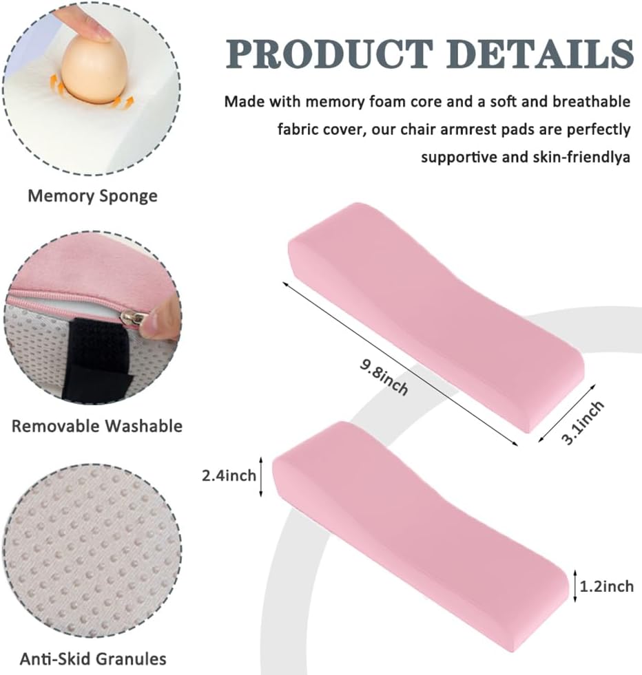 2 Pack Office Chair Armrest Pads Covers,Arm Rest Pad with Memory Foam Elbow Pillow for Forearm Pressure Relief, Arm Rest Covers for Office Chairs, Wheelchair, Comfy Gaming Chair (Pink)