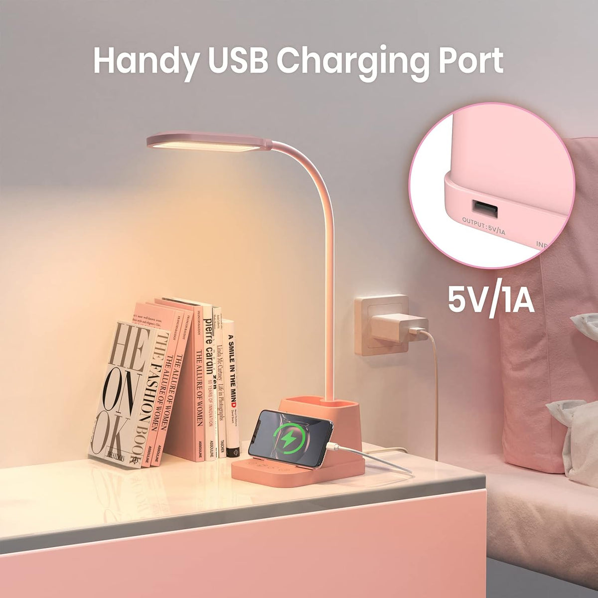 AXX Pink Cute Desk Lamp with USB Charging Port for Kids Teen Girls Women