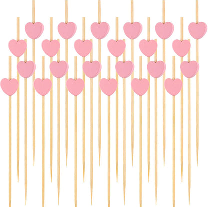 100 PCS Pink Heart Cocktail Picks, 4.7 Inch Fancy Toothpicks for Appetizers, Bamboo Cocktail Skewers Sticks for Wedding Birthday Valentines Day Decoration Party Supplies