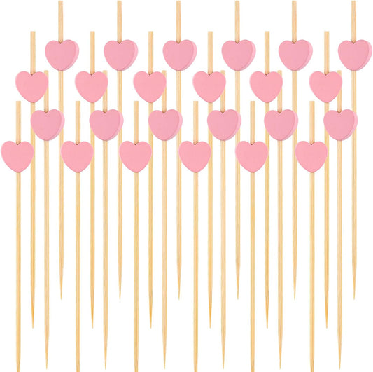 100 PCS Pink Heart Cocktail Picks, 4.7 Inch Fancy Toothpicks for Appetizers, Bamboo Cocktail Skewers Sticks for Wedding Birthday Valentines Day Decoration Party Supplies