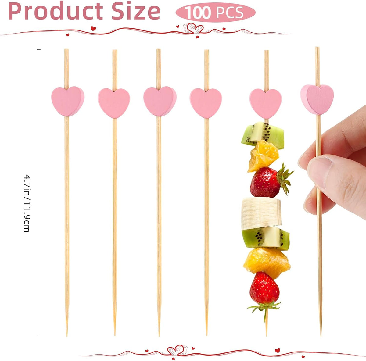 100 PCS Pink Heart Cocktail Picks, 4.7 Inch Fancy Toothpicks for Appetizers, Bamboo Cocktail Skewers Sticks for Wedding Birthday Valentines Day Decoration Party Supplies