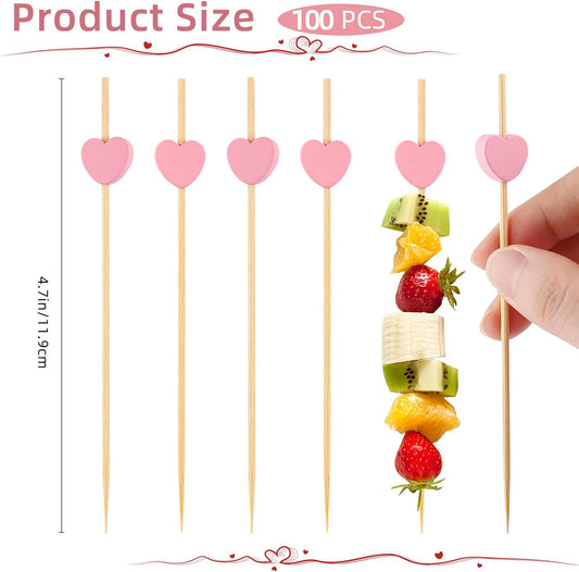 100 PCS Pink Heart Cocktail Picks, 4.7 Inch Fancy Toothpicks for Appetizers, Bamboo Cocktail Skewers Sticks for Wedding Birthday Valentines Day Decoration Party Supplies