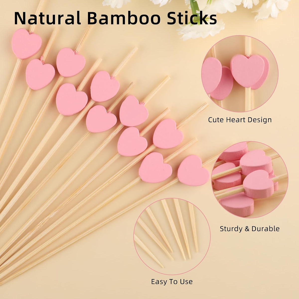 100 PCS Pink Heart Cocktail Picks, 4.7 Inch Fancy Toothpicks for Appetizers, Bamboo Cocktail Skewers Sticks for Wedding Birthday Valentines Day Decoration Party Supplies
