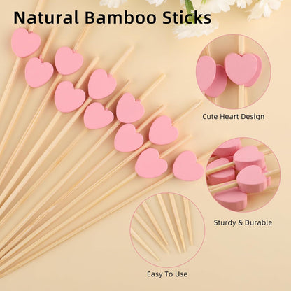 100 PCS Pink Heart Cocktail Picks, 4.7 Inch Fancy Toothpicks for Appetizers, Bamboo Cocktail Skewers Sticks for Wedding Birthday Valentines Day Decoration Party Supplies
