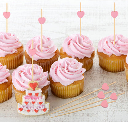 100 PCS Pink Heart Cocktail Picks, 4.7 Inch Fancy Toothpicks for Appetizers, Bamboo Cocktail Skewers Sticks for Wedding Birthday Valentines Day Decoration Party Supplies