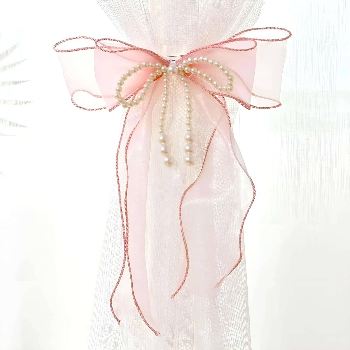 Bow Curtain Tiebacks 2 Pcs,Butterfly Curtain Ties with Pearls,Bowknot Curtain Ties for Home Decorative-pink-86cm(33.86in)