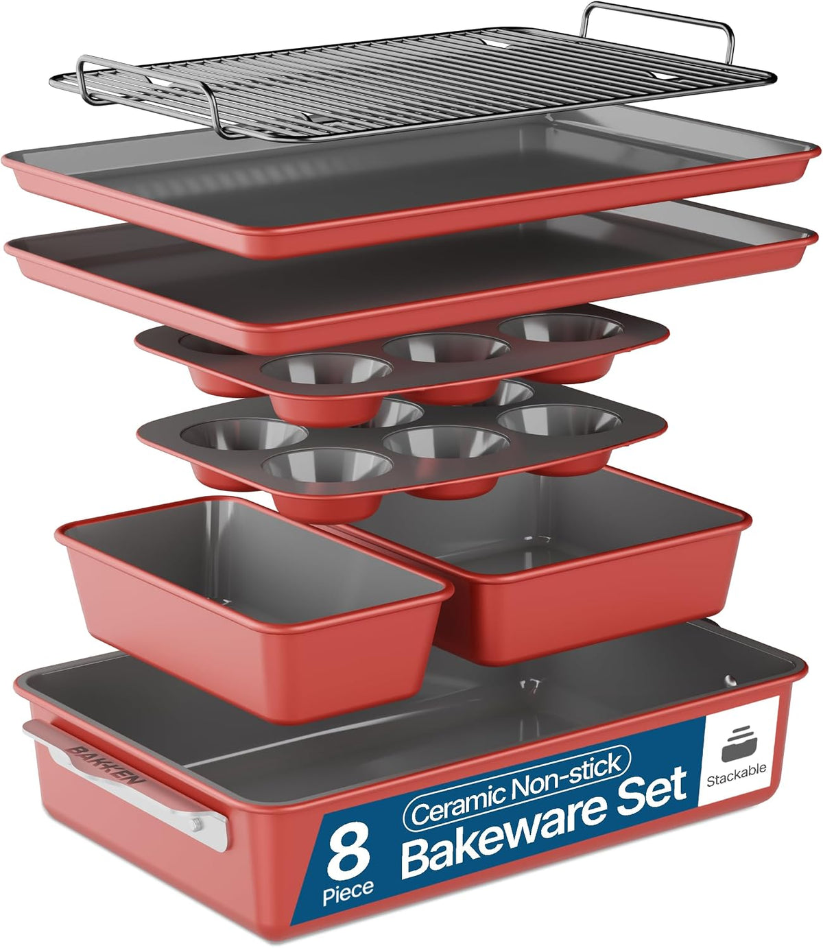 Bakken 8-Piece Ceramic Coated Bakeware Sets, Nonstick Aluminized Steel Pans with Muffin, Loaf, Cake, Roasting Pan, & Cooling Rack, Oven Safe Up To 500°F, Dishwasher Safe, BPA, PTFE & PFAS Free, Pink