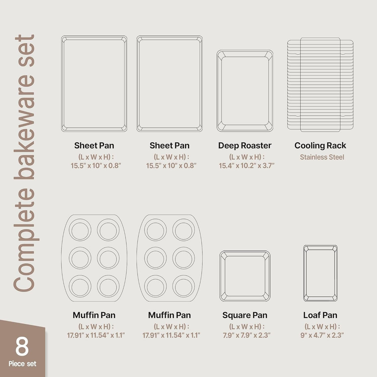 Bakken 8-Piece Ceramic Coated Bakeware Sets, Nonstick Aluminized Steel Pans with Muffin, Loaf, Cake, Roasting Pan, & Cooling Rack, Oven Safe Up To 500°F, Dishwasher Safe, BPA, PTFE & PFAS Free, Pink