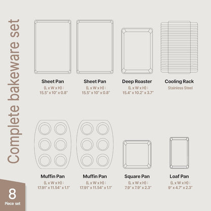 Bakken 8-Piece Ceramic Coated Bakeware Sets, Nonstick Aluminized Steel Pans with Muffin, Loaf, Cake, Roasting Pan, & Cooling Rack, Oven Safe Up To 500°F, Dishwasher Safe, BPA, PTFE & PFAS Free, Pink