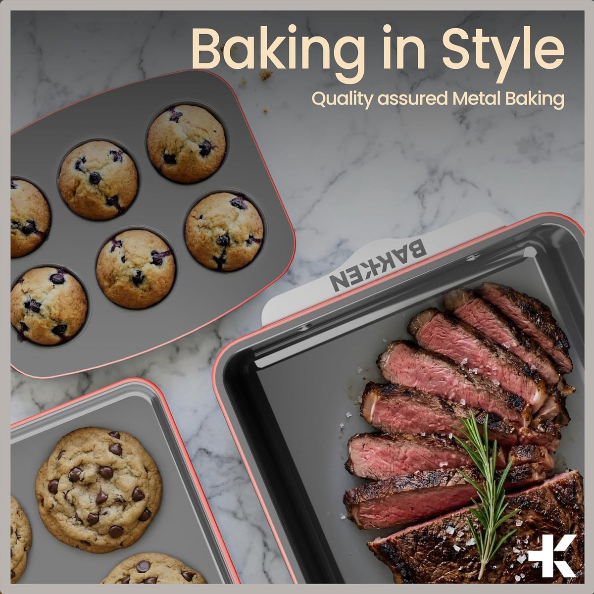 Bakken 8-Piece Ceramic Coated Bakeware Sets, Nonstick Aluminized Steel Pans with Muffin, Loaf, Cake, Roasting Pan, & Cooling Rack, Oven Safe Up To 500°F, Dishwasher Safe, BPA, PTFE & PFAS Free, Pink